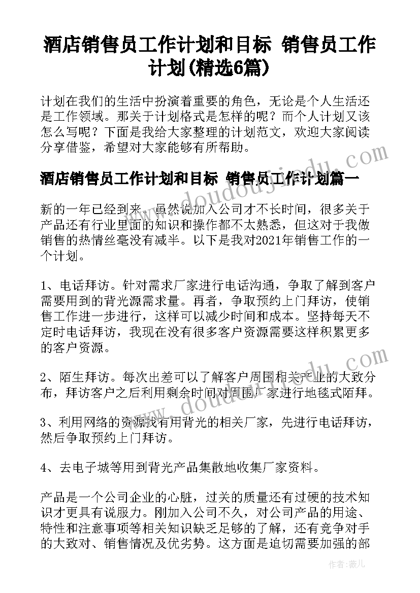 酒店销售员工作计划和目标 销售员工作计划(精选6篇)