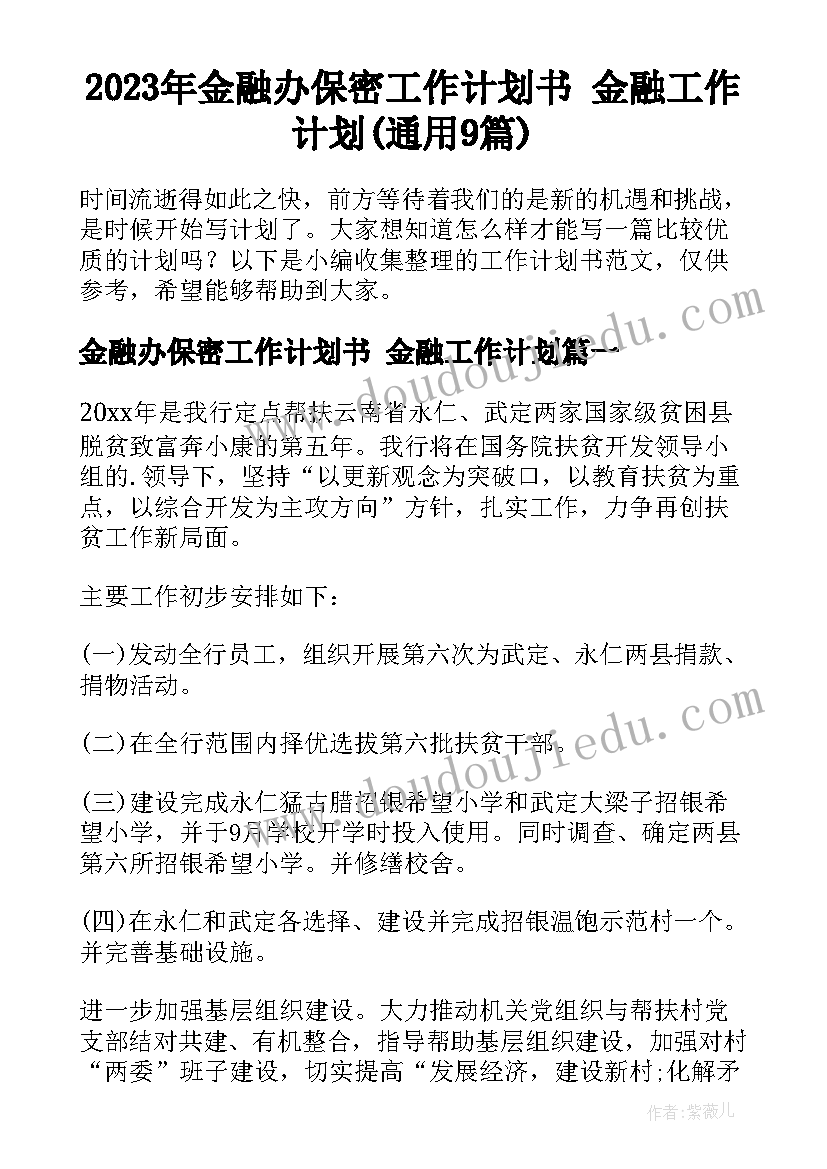 2023年金融办保密工作计划书 金融工作计划(通用9篇)