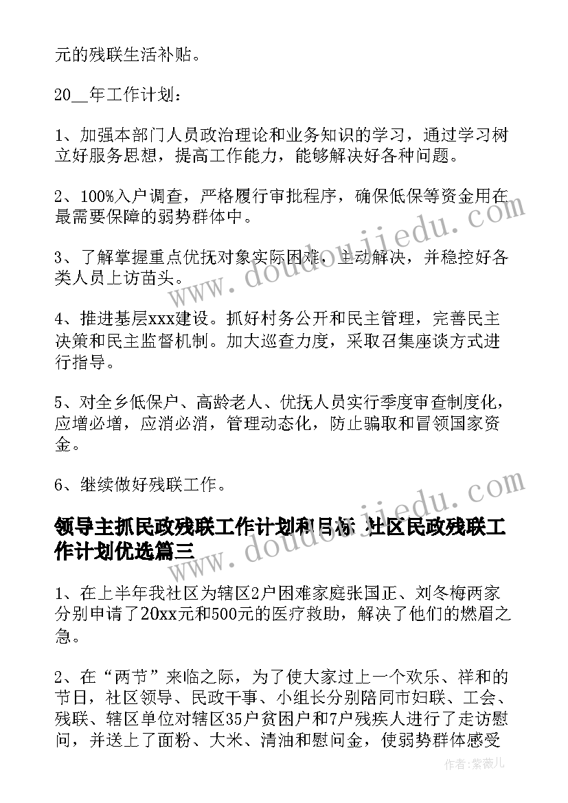 领导主抓民政残联工作计划和目标 社区民政残联工作计划优选(大全5篇)