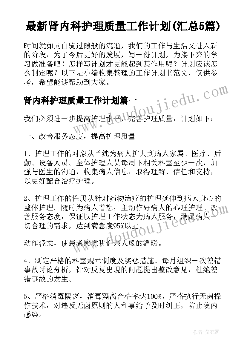 最新肾内科护理质量工作计划(汇总5篇)