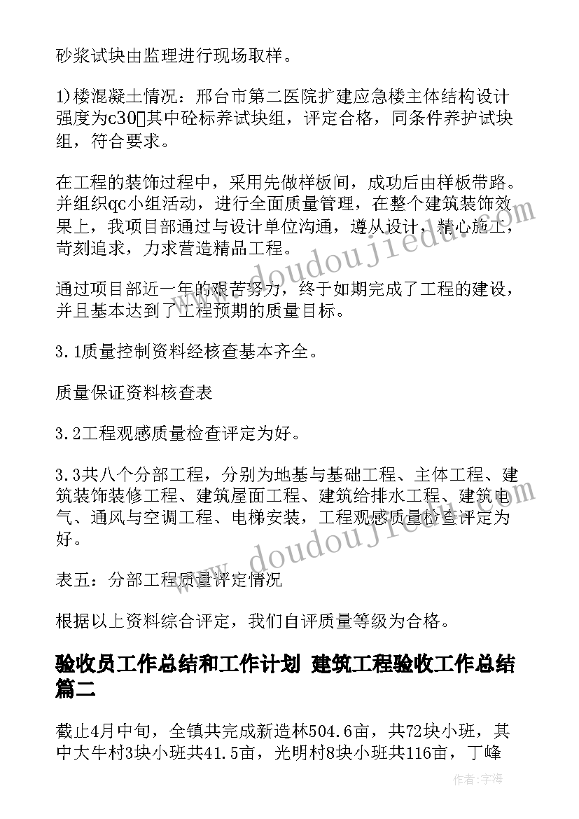 验收员工作总结和工作计划 建筑工程验收工作总结(优秀10篇)