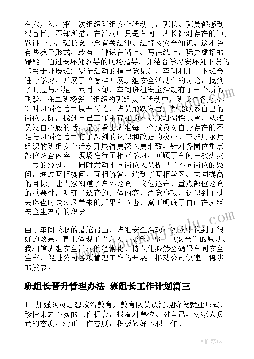 最新班组长晋升管理办法 班组长工作计划(模板8篇)