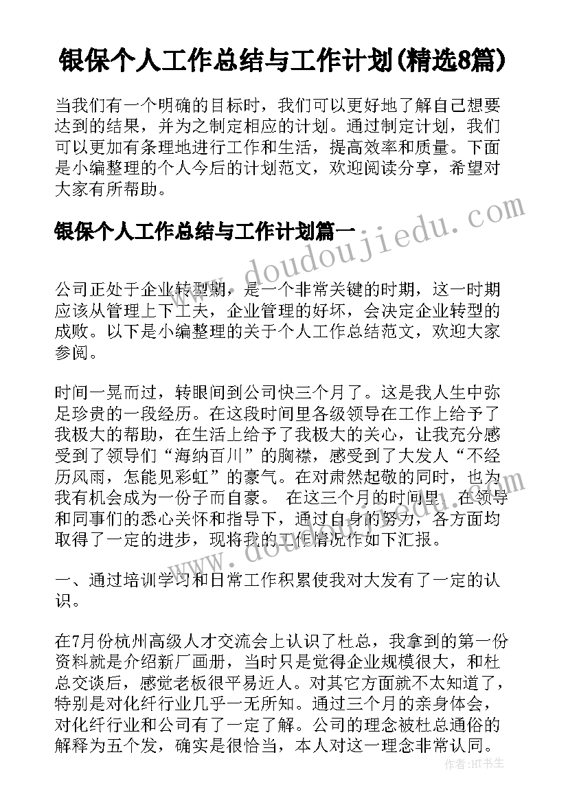 银保个人工作总结与工作计划(精选8篇)