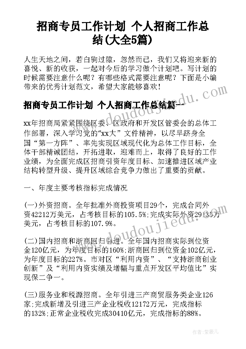 招商专员工作计划 个人招商工作总结(大全5篇)