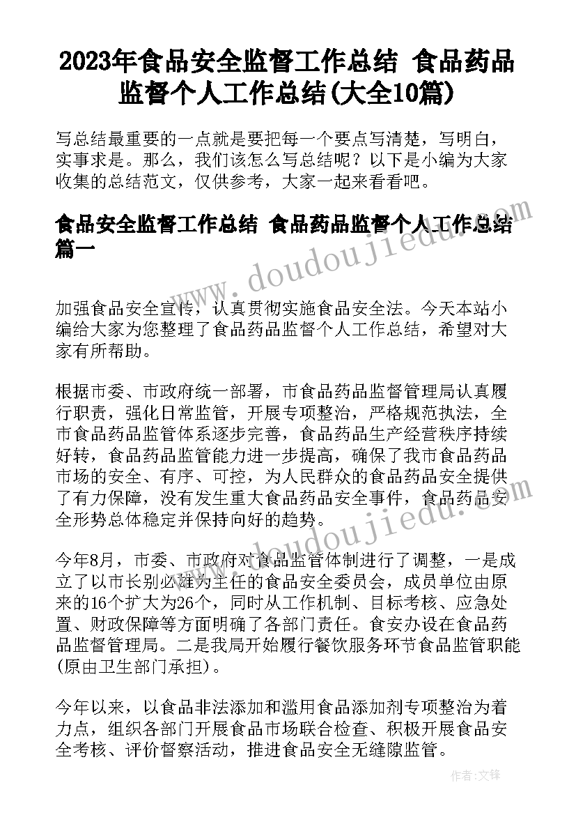 2023年食品安全监督工作总结 食品药品监督个人工作总结(大全10篇)