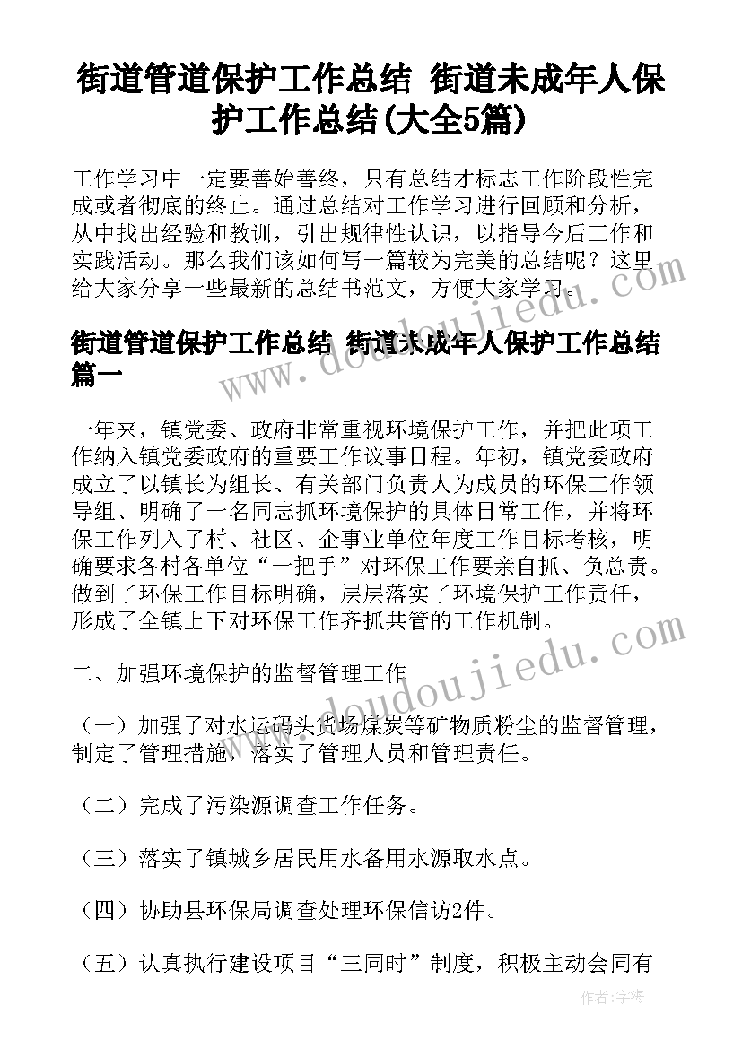 街道管道保护工作总结 街道未成年人保护工作总结(大全5篇)