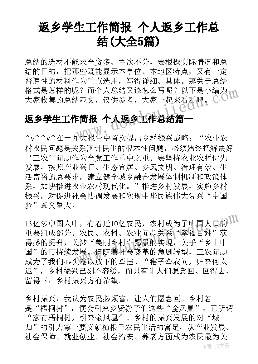 返乡学生工作简报 个人返乡工作总结(大全5篇)