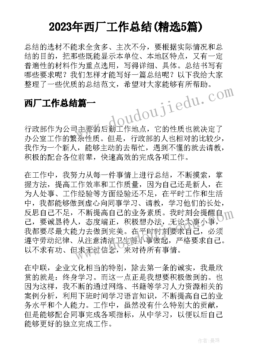 2023年西厂工作总结(精选5篇)