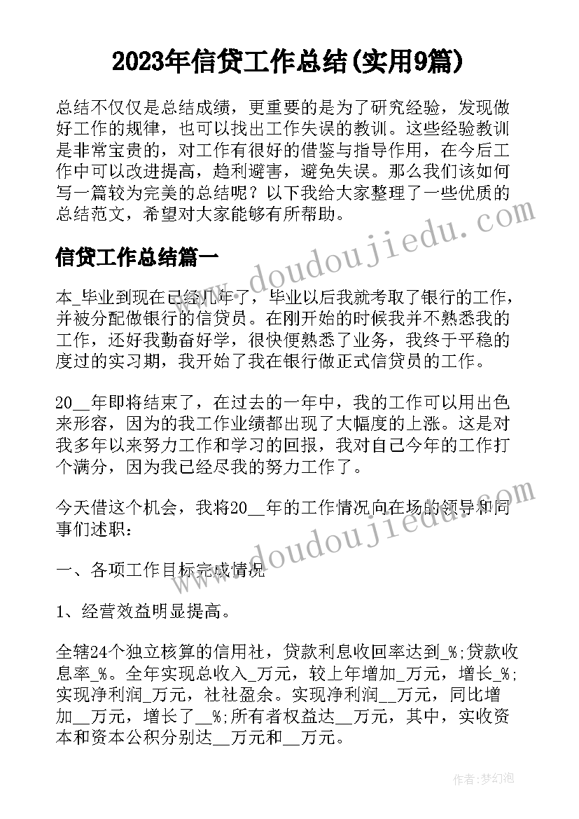 2023年信贷工作总结(实用9篇)