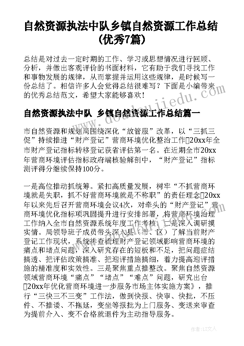 自然资源执法中队 乡镇自然资源工作总结(优秀7篇)