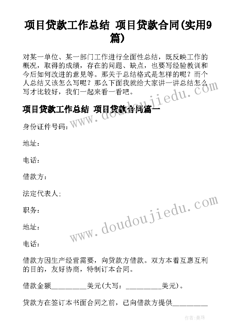 项目贷款工作总结 项目贷款合同(实用9篇)