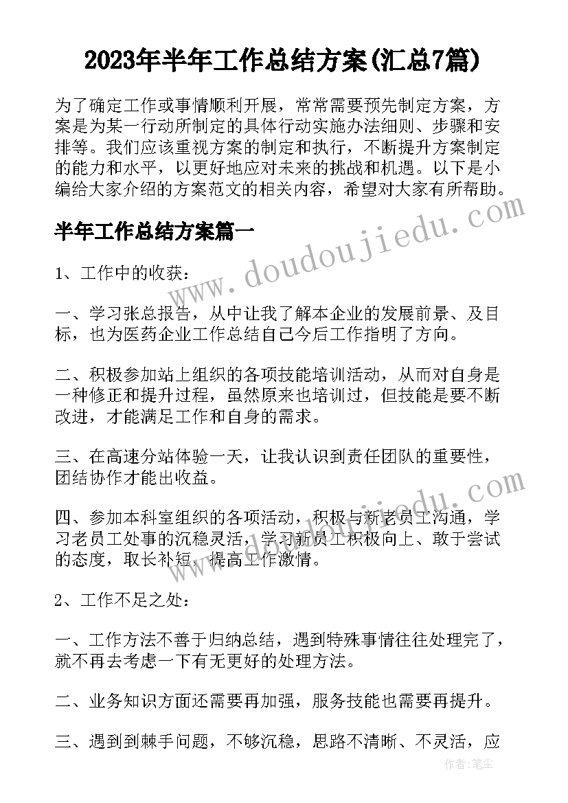 2023年半年工作总结方案(汇总7篇)