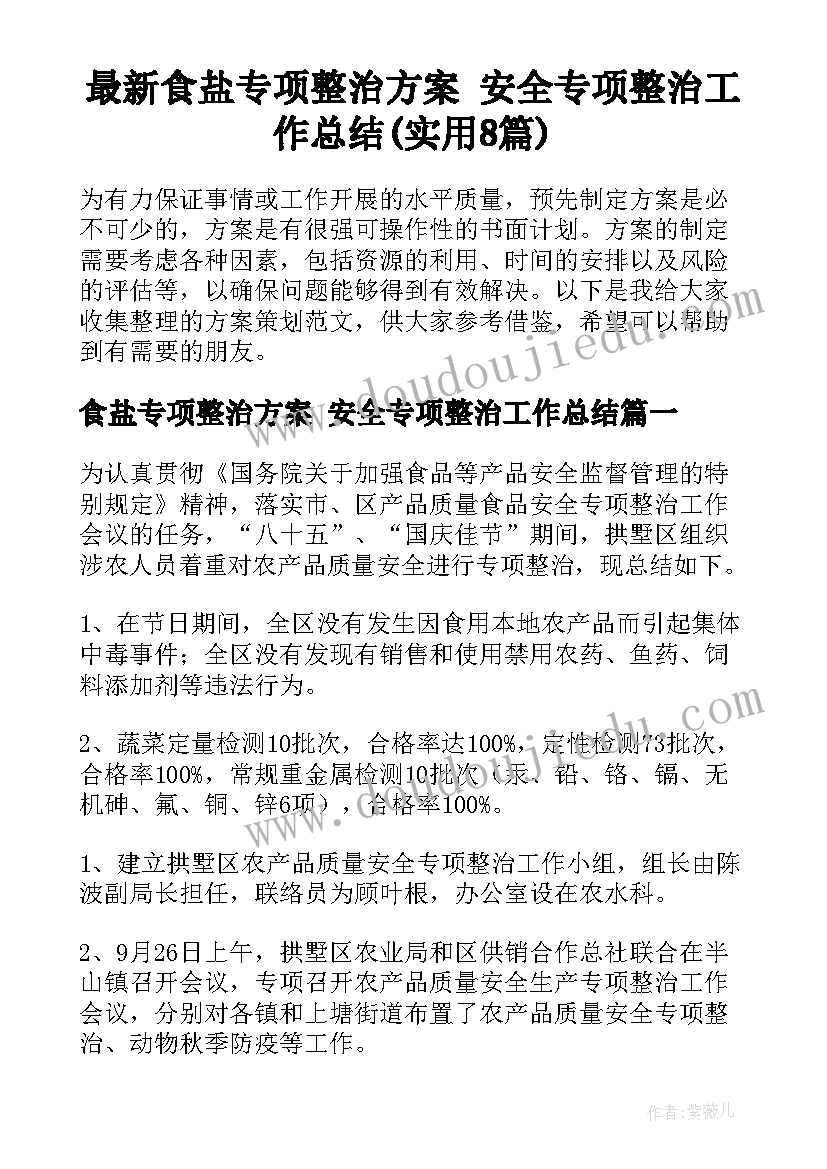 最新食盐专项整治方案 安全专项整治工作总结(实用8篇)