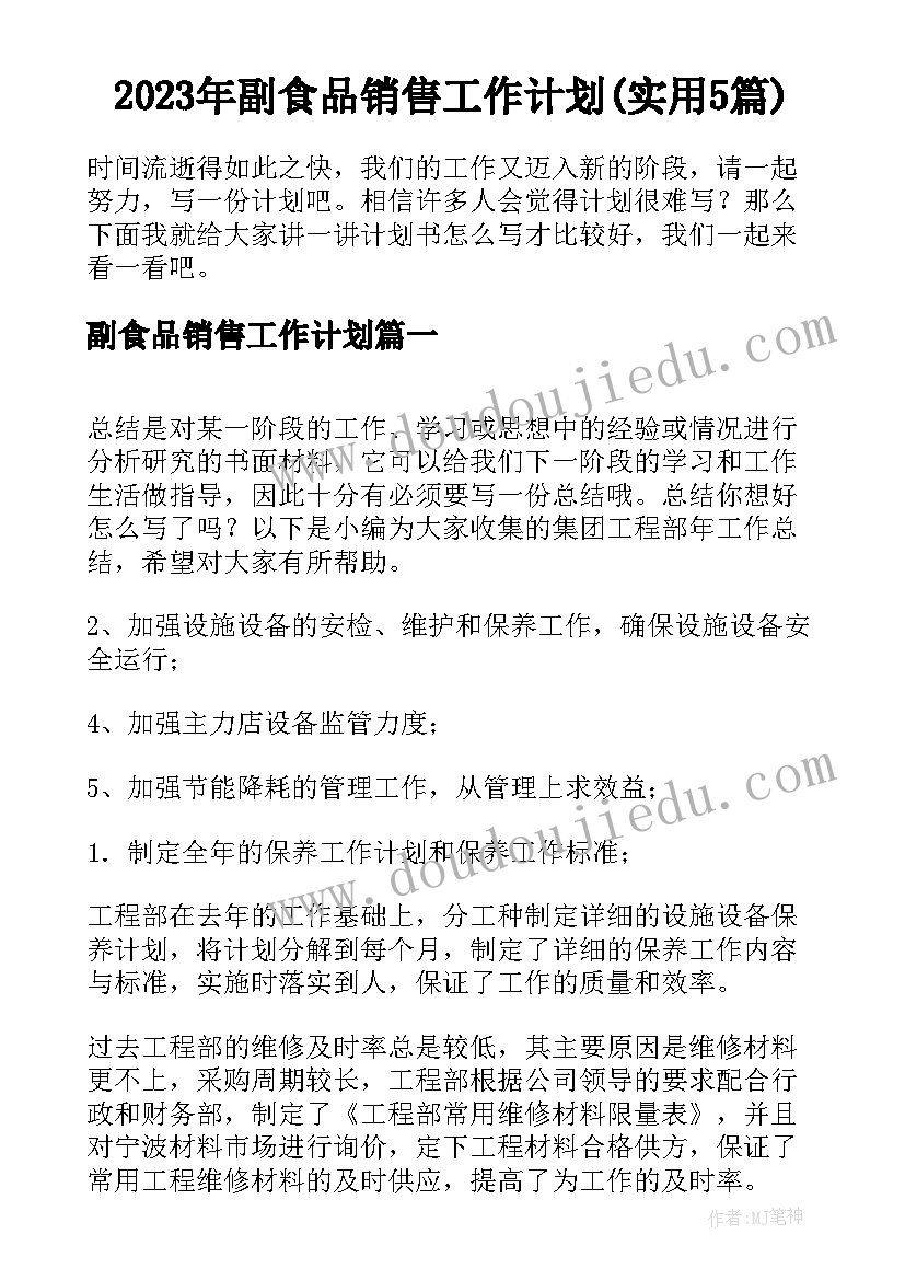 2023年副食品销售工作计划(实用5篇)