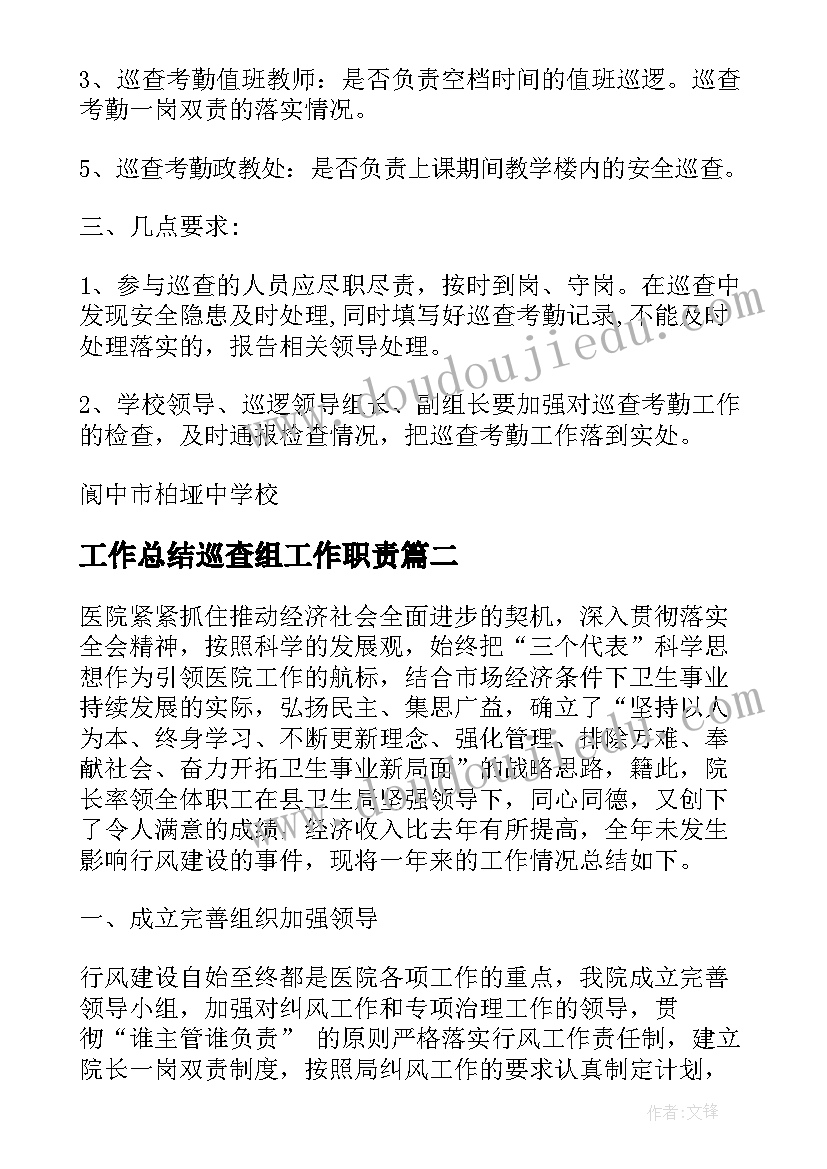 最新工作总结巡查组工作职责(模板6篇)