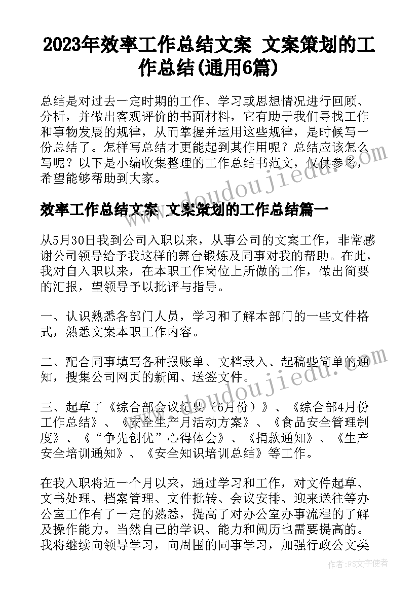 2023年效率工作总结文案 文案策划的工作总结(通用6篇)