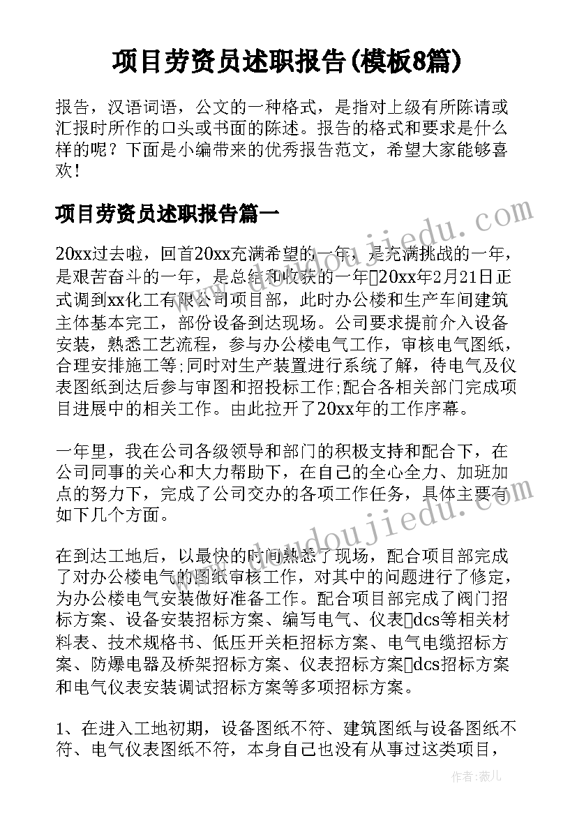 项目劳资员述职报告(模板8篇)