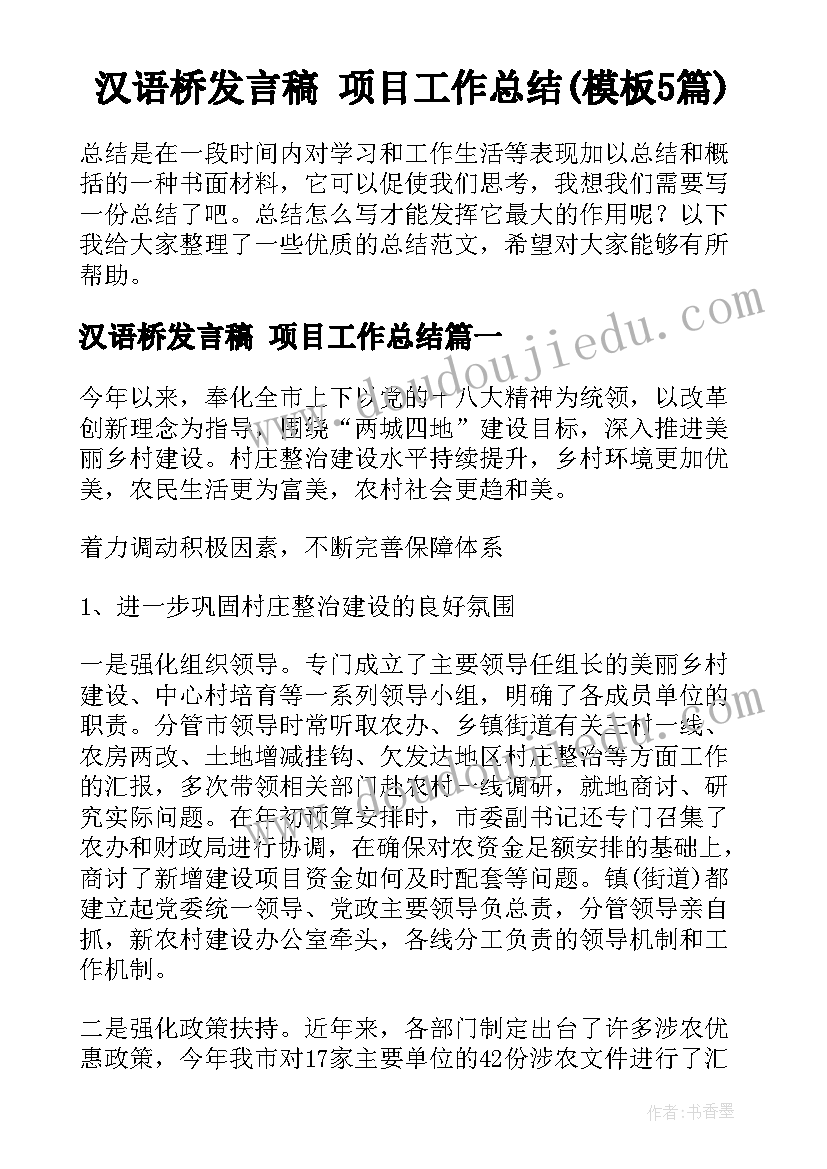 汉语桥发言稿 项目工作总结(模板5篇)