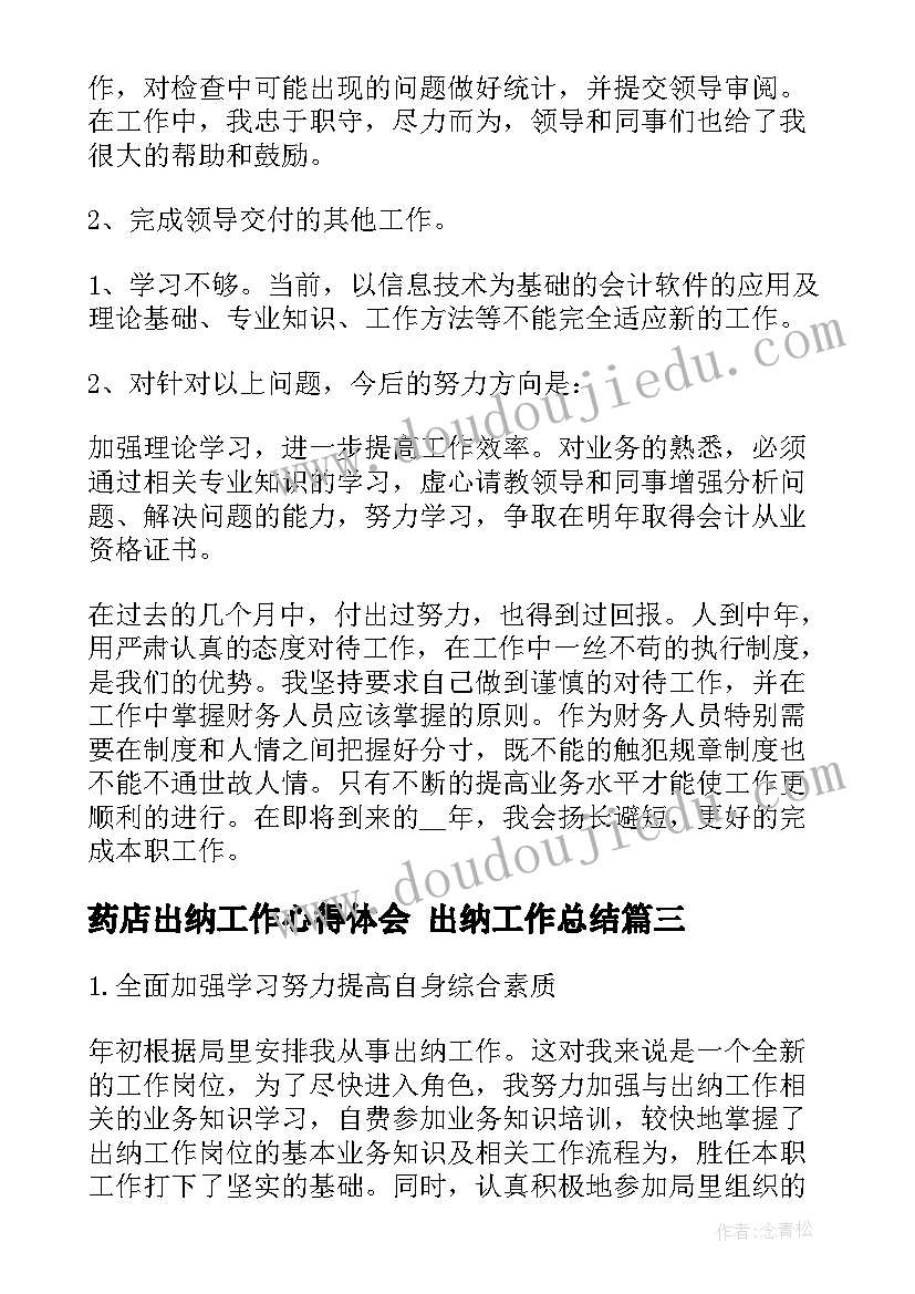 最新药店出纳工作心得体会 出纳工作总结(汇总8篇)