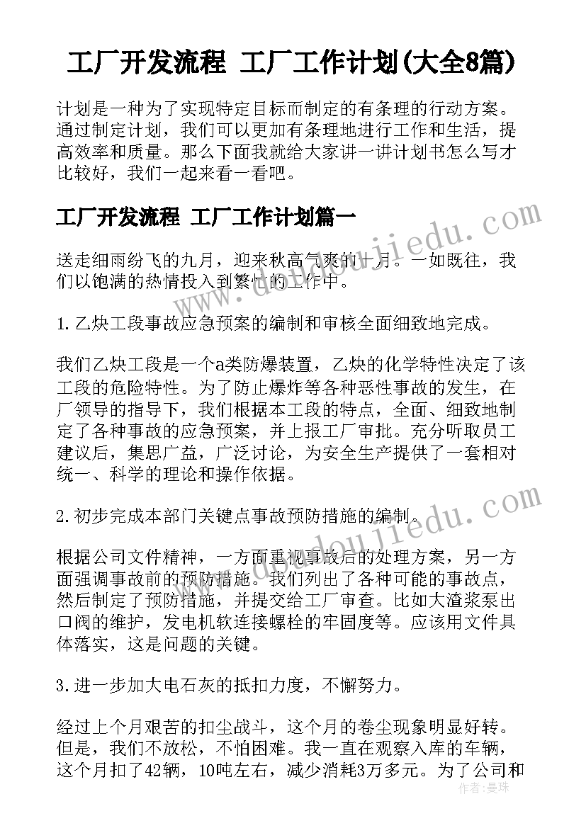 工厂开发流程 工厂工作计划(大全8篇)