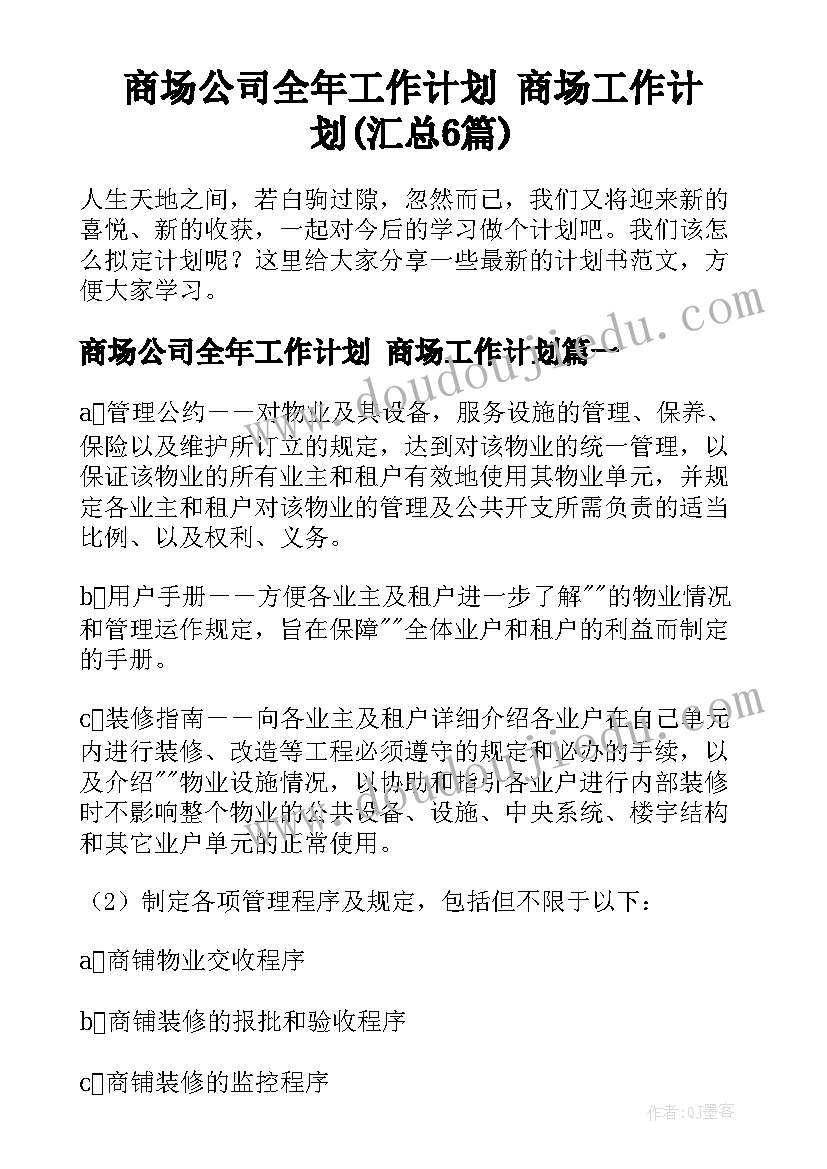 商场公司全年工作计划 商场工作计划(汇总6篇)