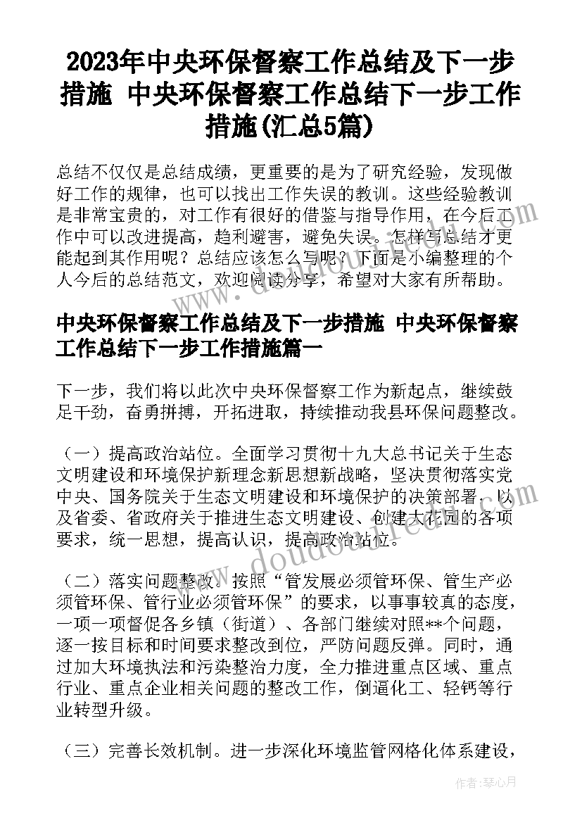 2023年中央环保督察工作总结及下一步措施 中央环保督察工作总结下一步工作措施(汇总5篇)