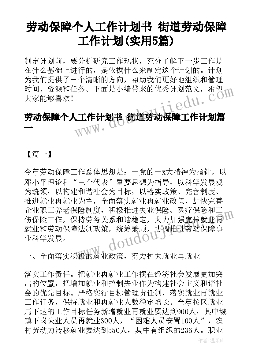 劳动保障个人工作计划书 街道劳动保障工作计划(实用5篇)