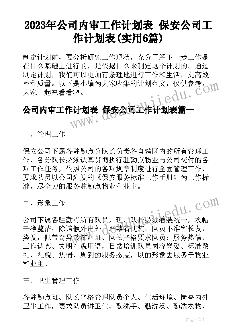 2023年公司内审工作计划表 保安公司工作计划表(实用6篇)