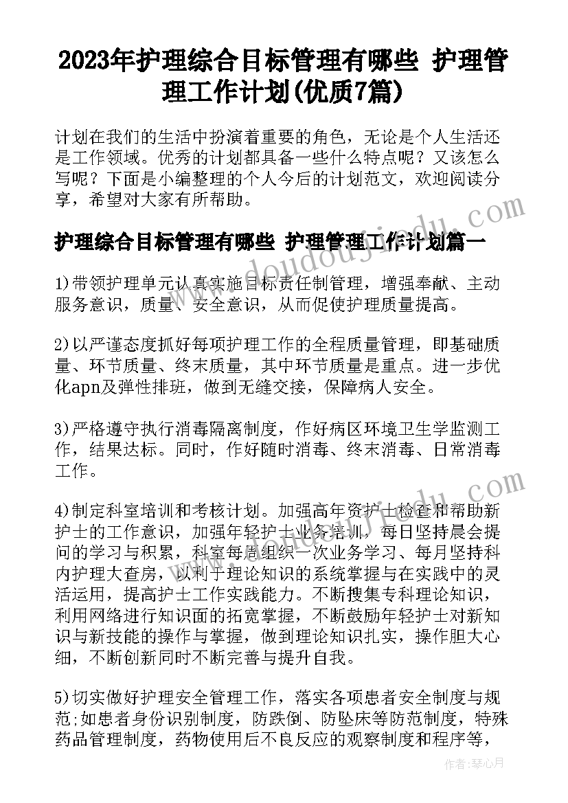 2023年护理综合目标管理有哪些 护理管理工作计划(优质7篇)