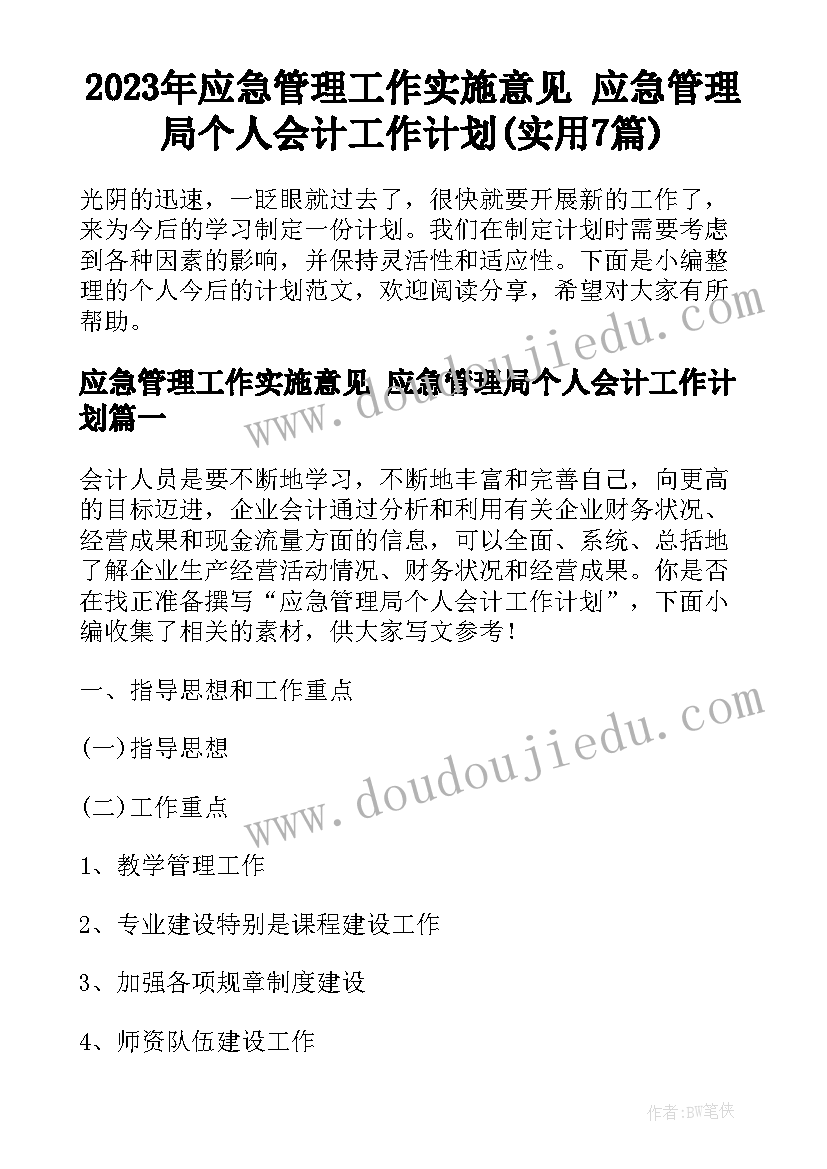 2023年应急管理工作实施意见 应急管理局个人会计工作计划(实用7篇)