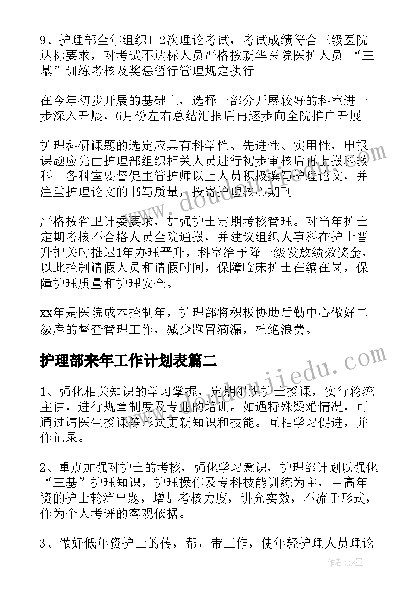 最新护理部来年工作计划表(实用9篇)