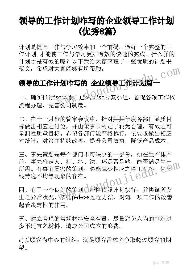 领导的工作计划咋写的 企业领导工作计划(优秀8篇)