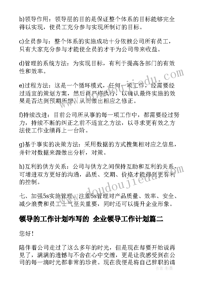 领导的工作计划咋写的 企业领导工作计划(优秀8篇)