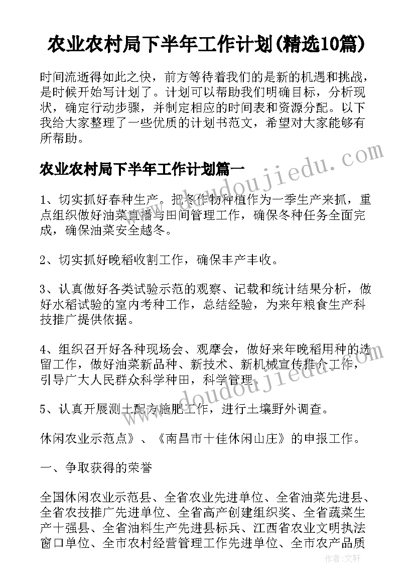 农业农村局下半年工作计划(精选10篇)