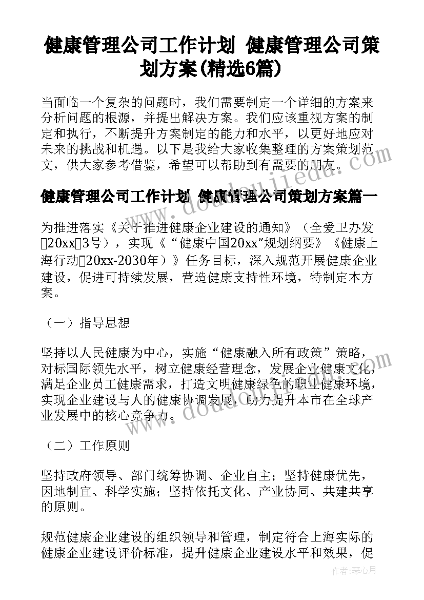 健康管理公司工作计划 健康管理公司策划方案(精选6篇)