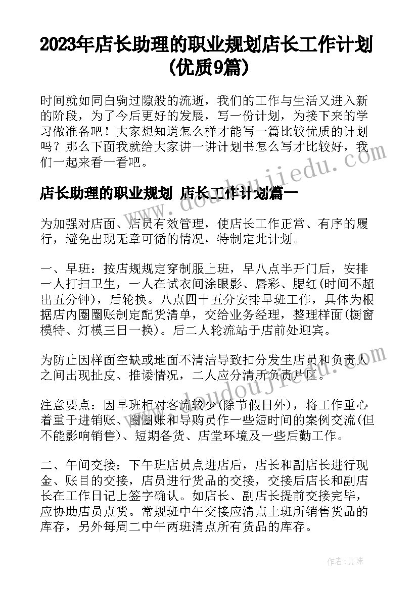 2023年店长助理的职业规划 店长工作计划(优质9篇)