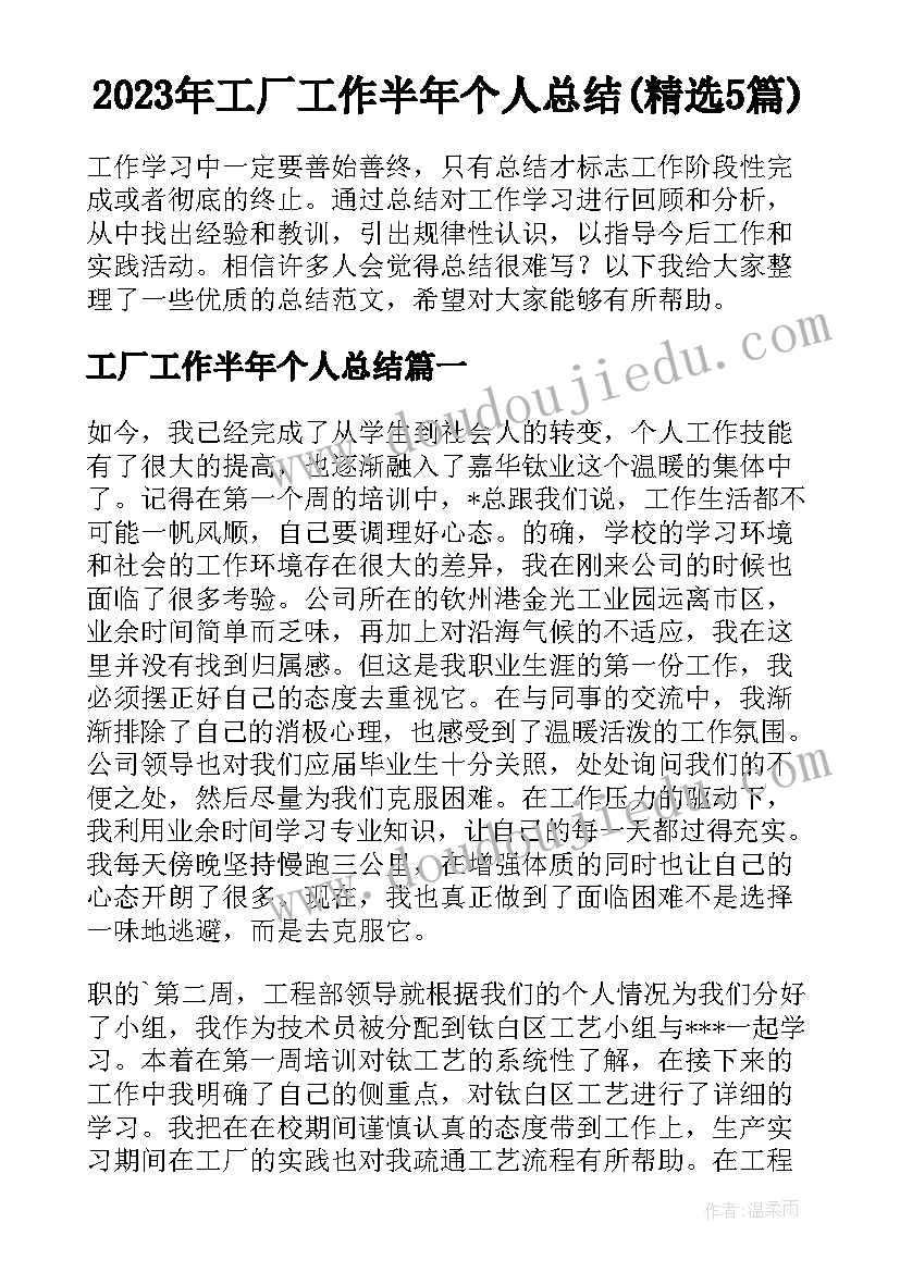 2023年工厂工作半年个人总结(精选5篇)