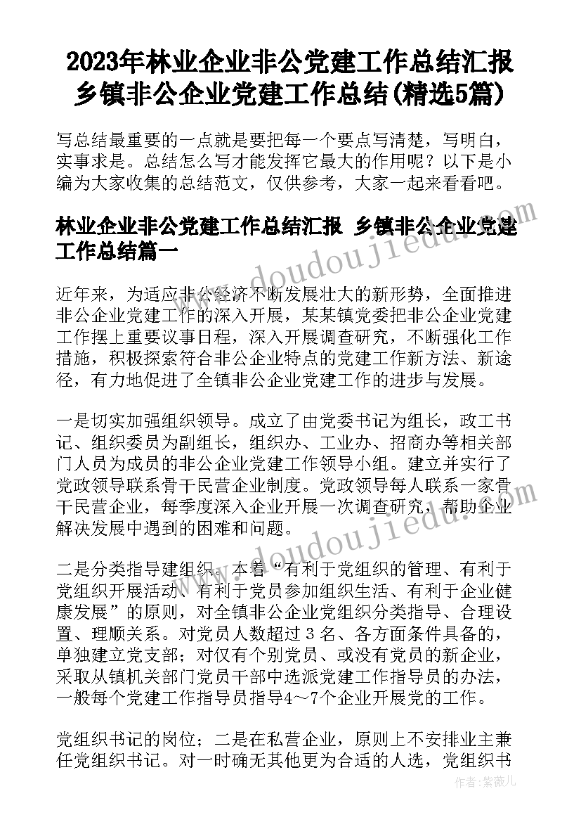 2023年林业企业非公党建工作总结汇报 乡镇非公企业党建工作总结(精选5篇)