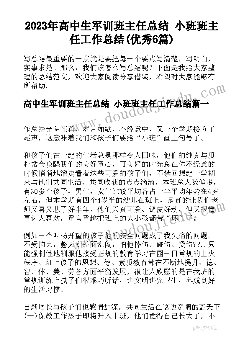 2023年高中生军训班主任总结 小班班主任工作总结(优秀6篇)