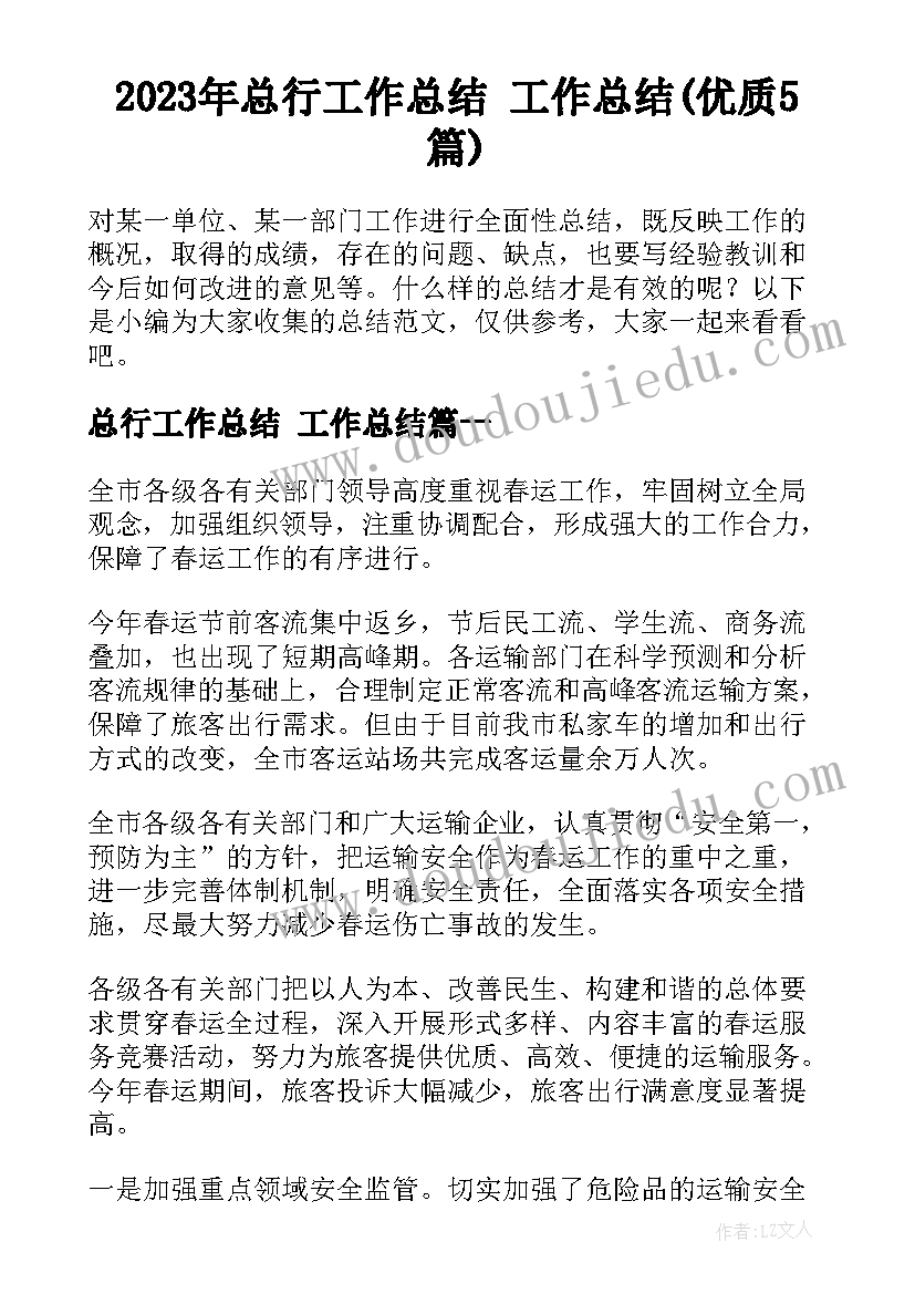 2023年总行工作总结 工作总结(优质5篇)