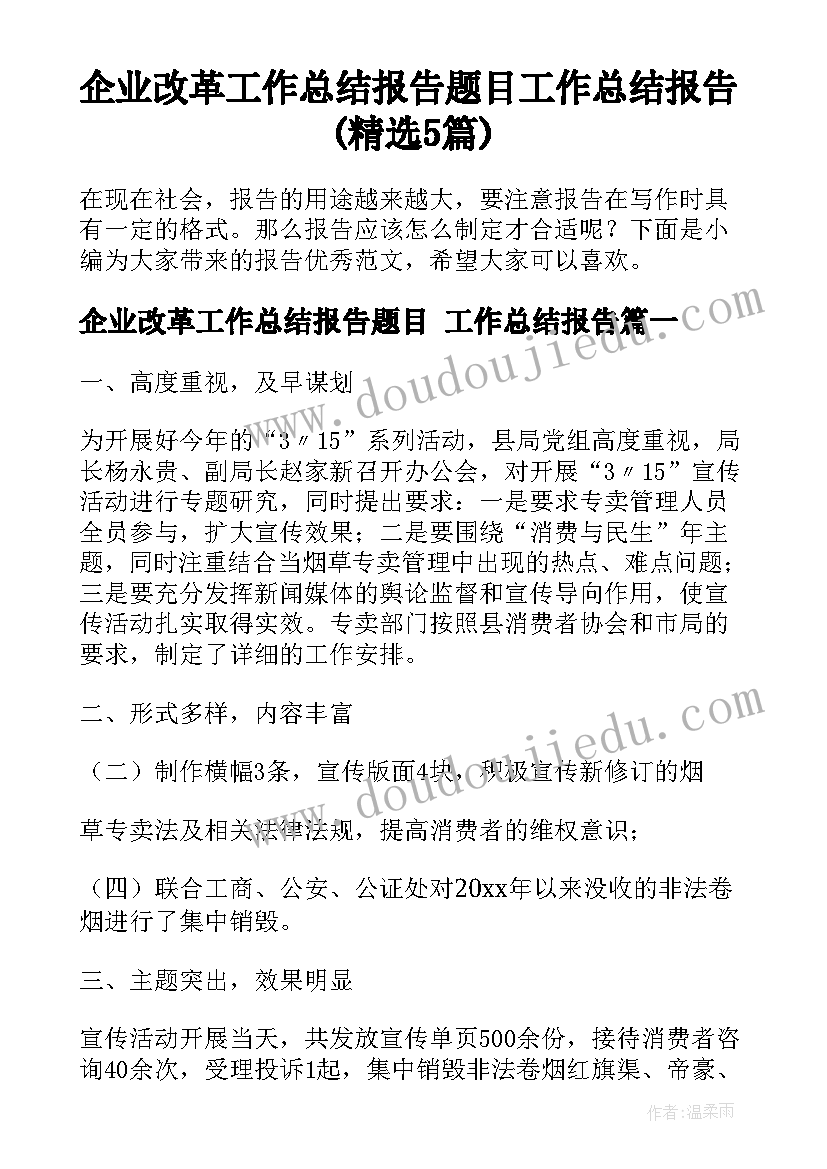 企业改革工作总结报告题目 工作总结报告(精选5篇)