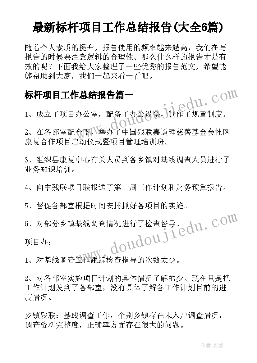 最新标杆项目工作总结报告(大全6篇)