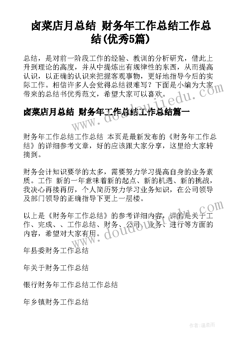 卤菜店月总结 财务年工作总结工作总结(优秀5篇)