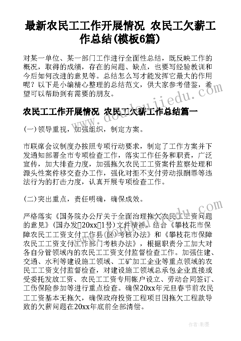 最新农民工工作开展情况 农民工欠薪工作总结(模板6篇)