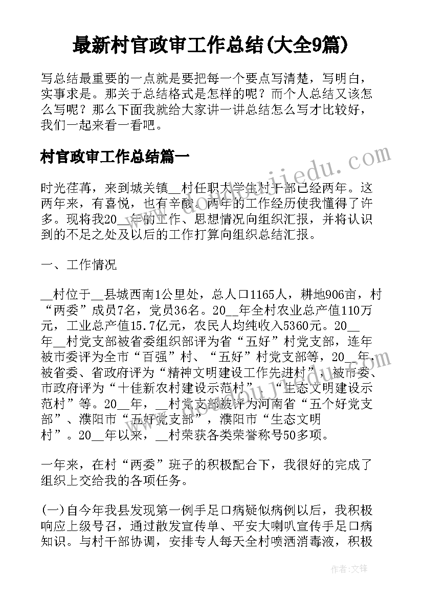 最新村官政审工作总结(大全9篇)