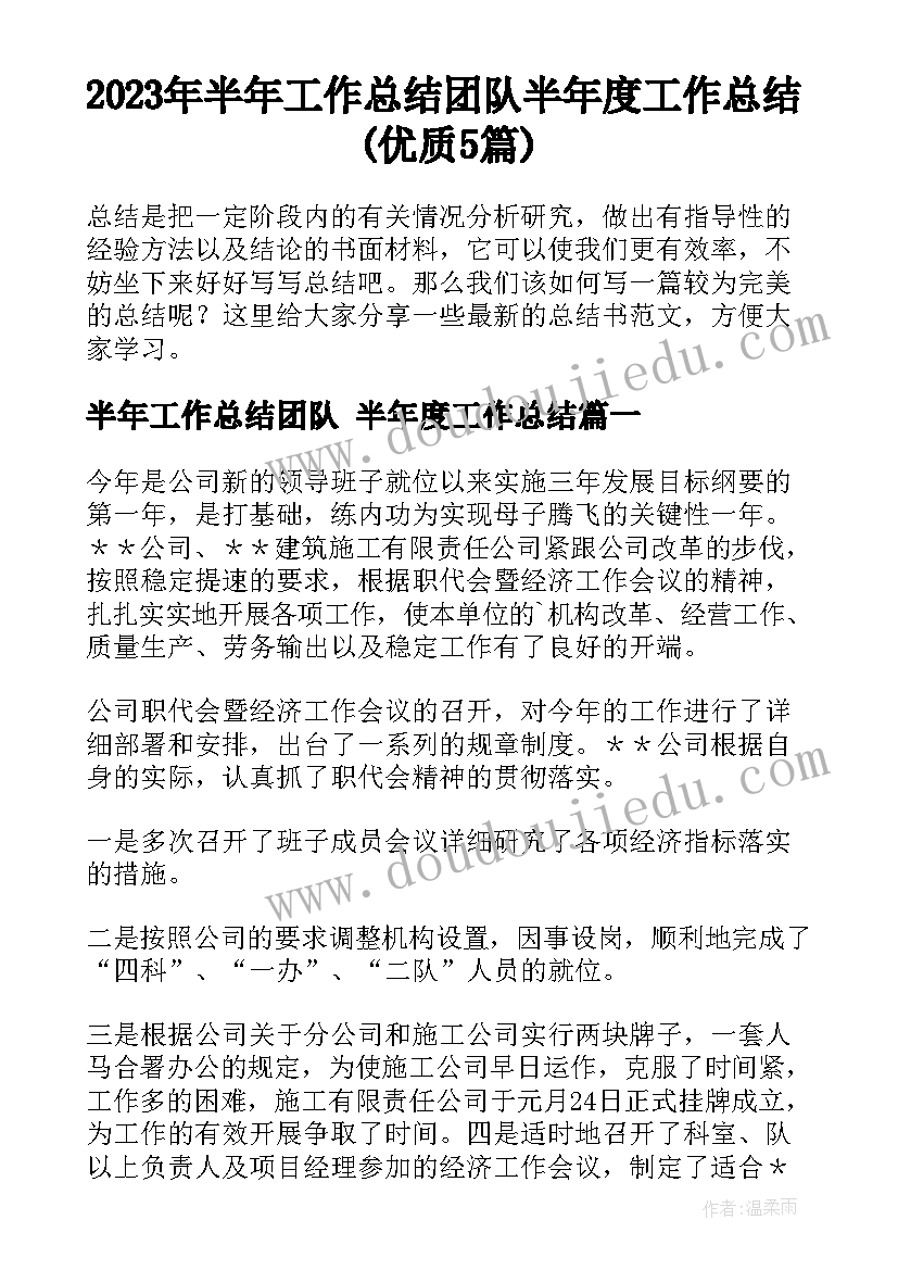 2023年半年工作总结团队 半年度工作总结(优质5篇)