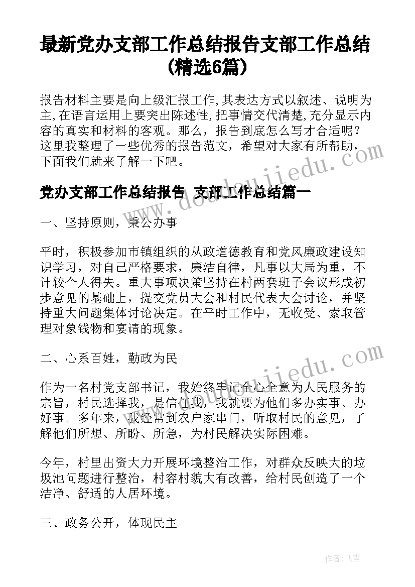 最新党办支部工作总结报告 支部工作总结(精选6篇)