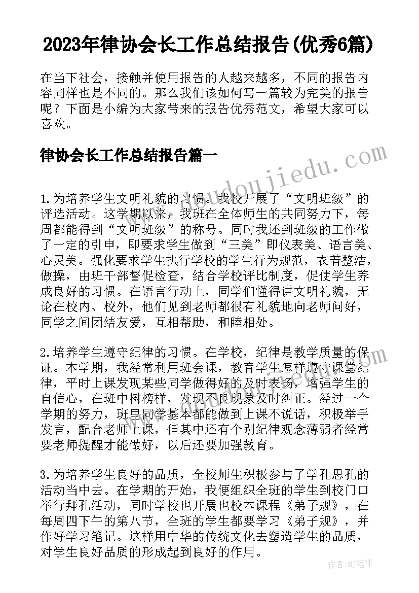 2023年律协会长工作总结报告(优秀6篇)