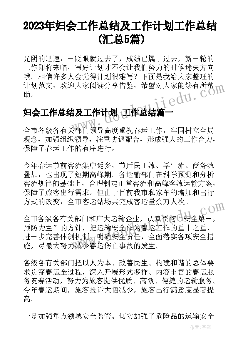 2023年妇会工作总结及工作计划 工作总结(汇总5篇)