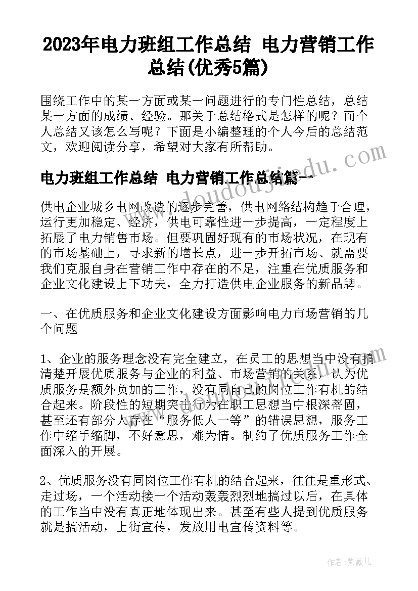 2023年电力班组工作总结 电力营销工作总结(优秀5篇)